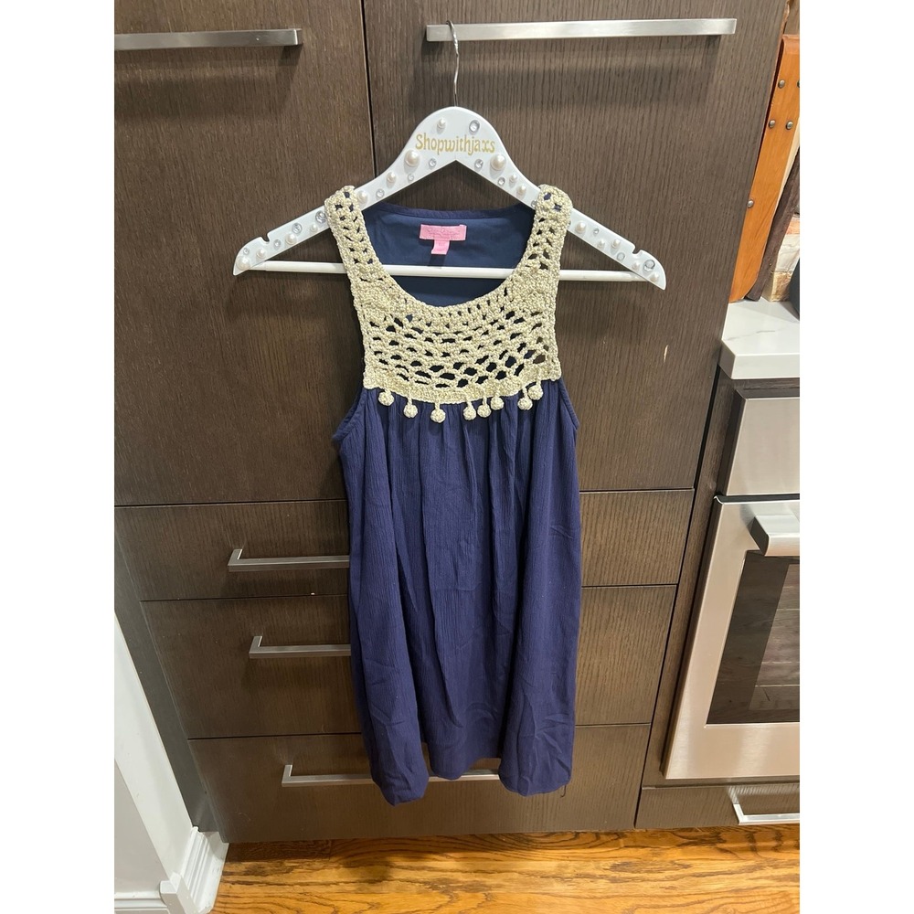 Lilly Pulitzer Rachelle Navy Gold Crochet Swing Mini Dress Womens‎ XXS